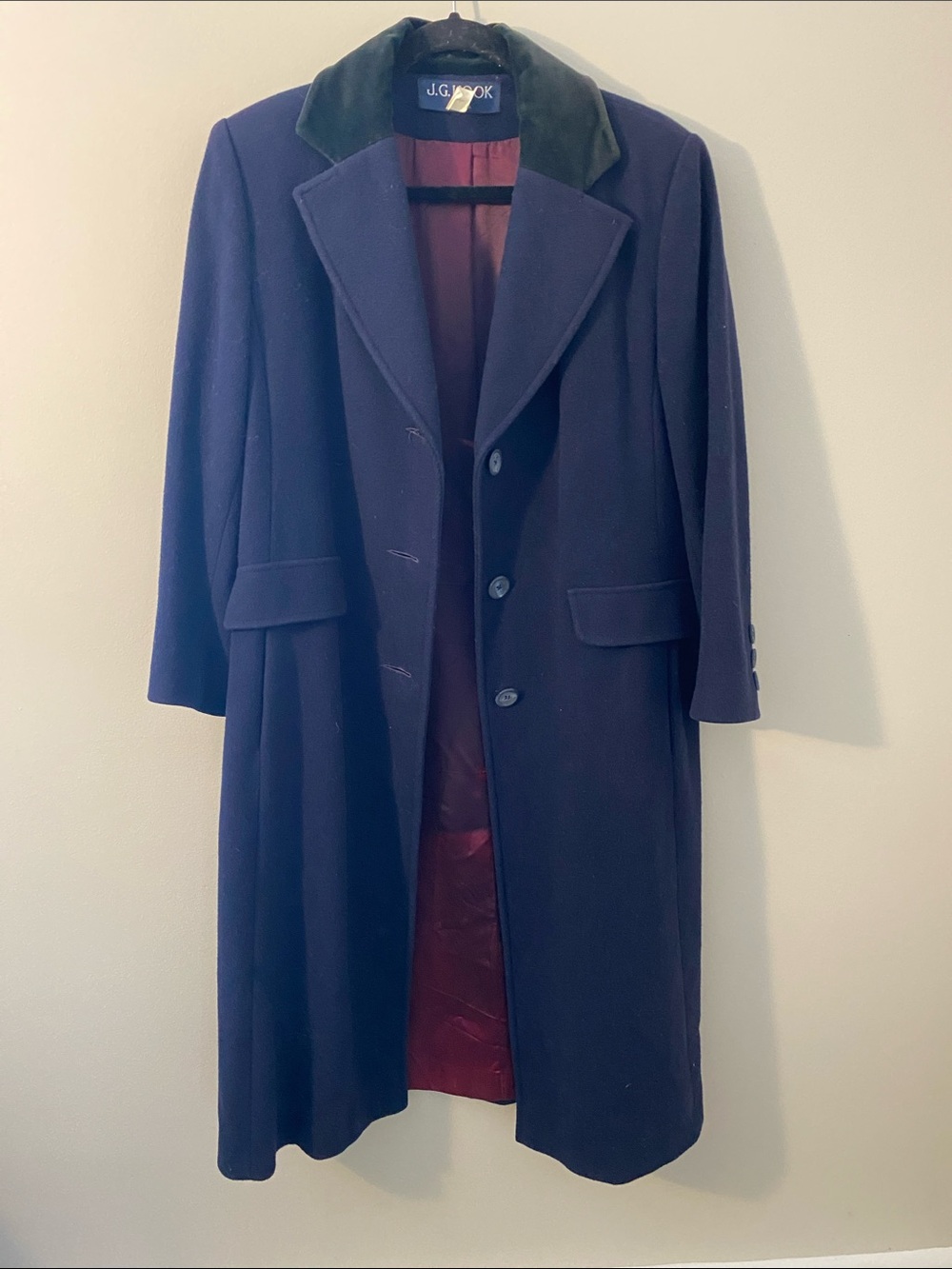 Vintage JG Hook 100% Wool Purple Overcoat with Velvet Collar